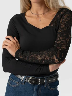 T-shirts & Tanks|Saint and Sofia Aimee Cut Out Long Sleeve Tee - Black Lace