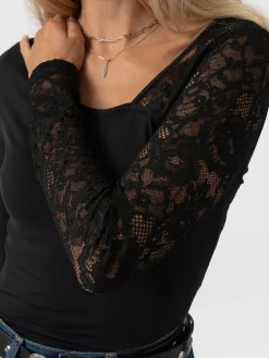 T-shirts & Tanks|Saint and Sofia Aimee Cut Out Long Sleeve Tee - Black Lace