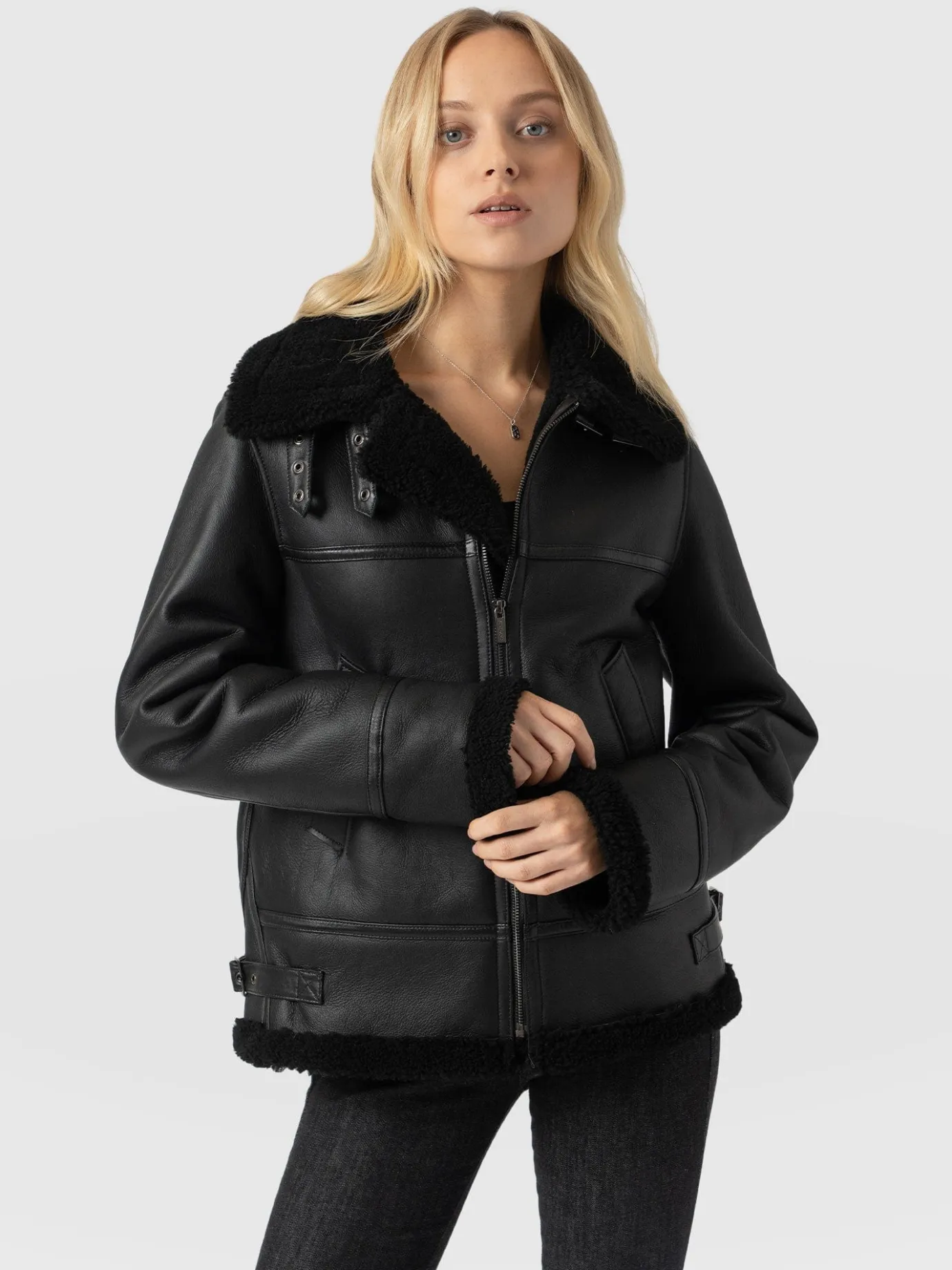 Leather|Coats & Jackets|Saint and Sofia Amelia Aviator Jacket - Black