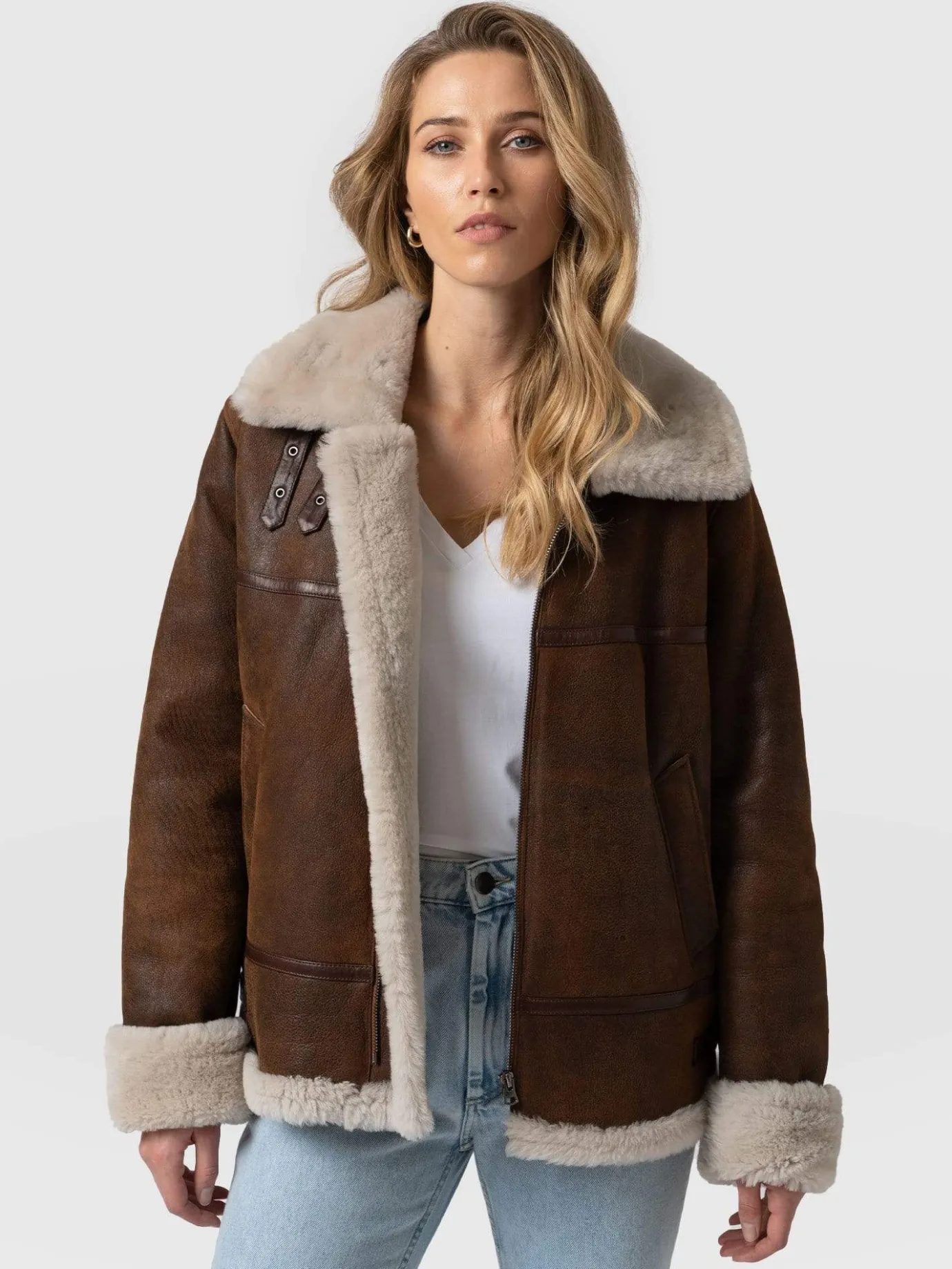 Leather|Coats & Jackets|Saint and Sofia Amelia Aviator Jacket - Brown