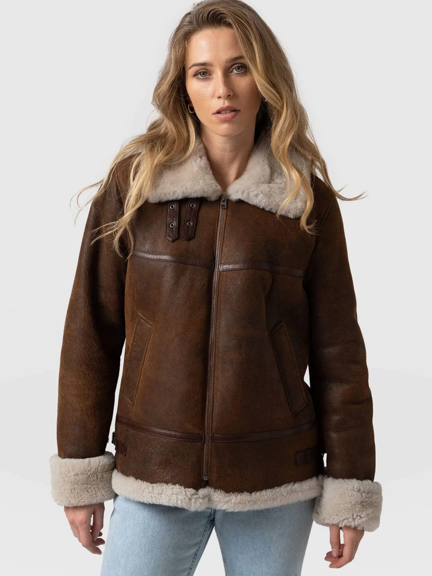 Leather|Coats & Jackets|Saint and Sofia Amelia Aviator Jacket - Brown