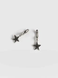 Jewelry|Earrings|Saint and Sofia Astral Star Charm Drop Huggie Earrings - Silver/Black