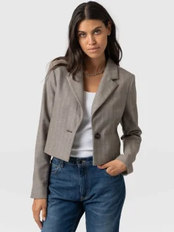 Coats & Jackets|Blazers|Saint and Sofia Astrid Cropped Blazer - Brown Herringbone