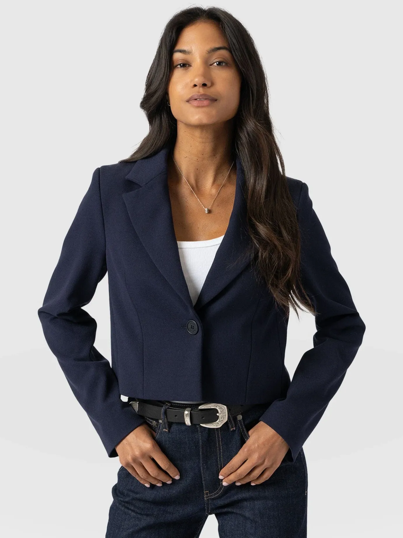 Coats & Jackets|Blazers|Saint and Sofia Astrid Cropped Blazer - Navy