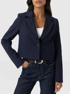 Coats & Jackets|Blazers|Saint and Sofia Astrid Cropped Blazer - Navy