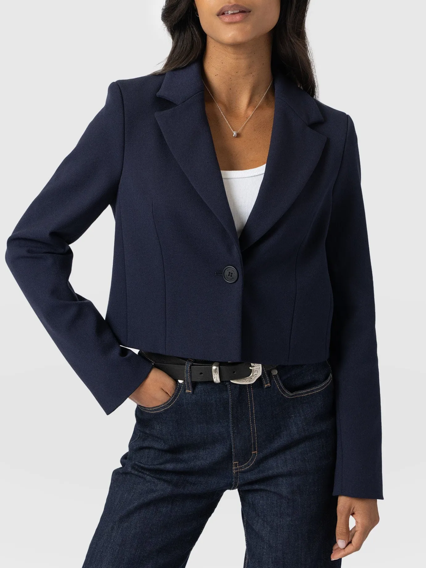 Coats & Jackets|Blazers|Saint and Sofia Astrid Cropped Blazer - Navy