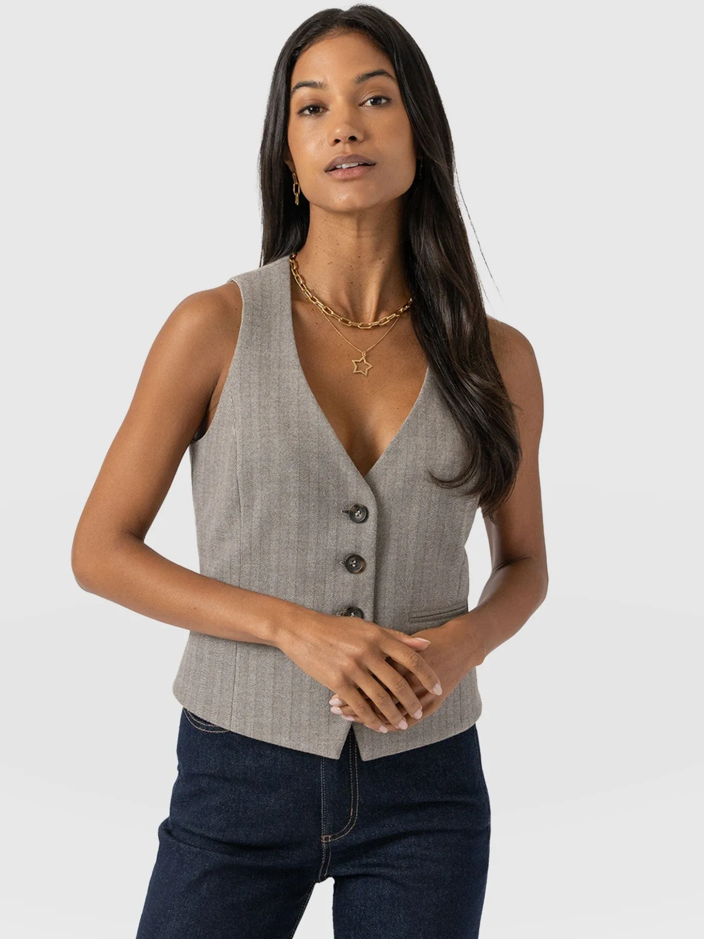 Coats & Jackets|Blazers|Saint and Sofia Astrid Vest - Brown Herringbone