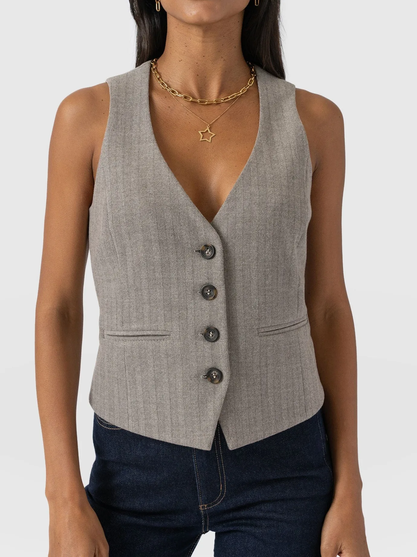 Coats & Jackets|Blazers|Saint and Sofia Astrid Vest - Brown Herringbone