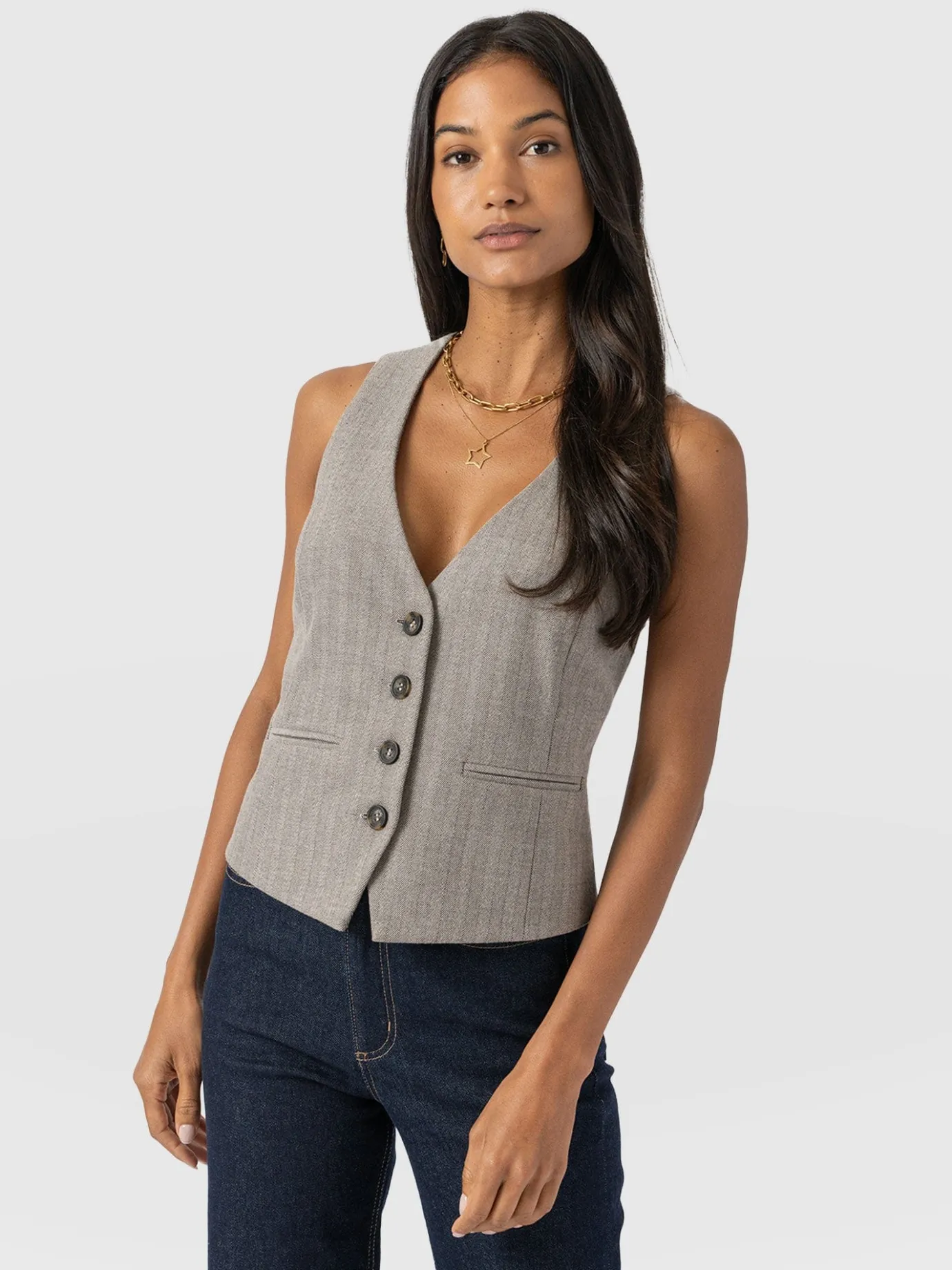 Coats & Jackets|Blazers|Saint and Sofia Astrid Vest - Brown Herringbone