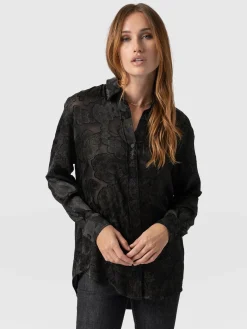 Blouses & Shirts|Saint and Sofia Boyfriend Shirt - Black & Gold Floral Burnout