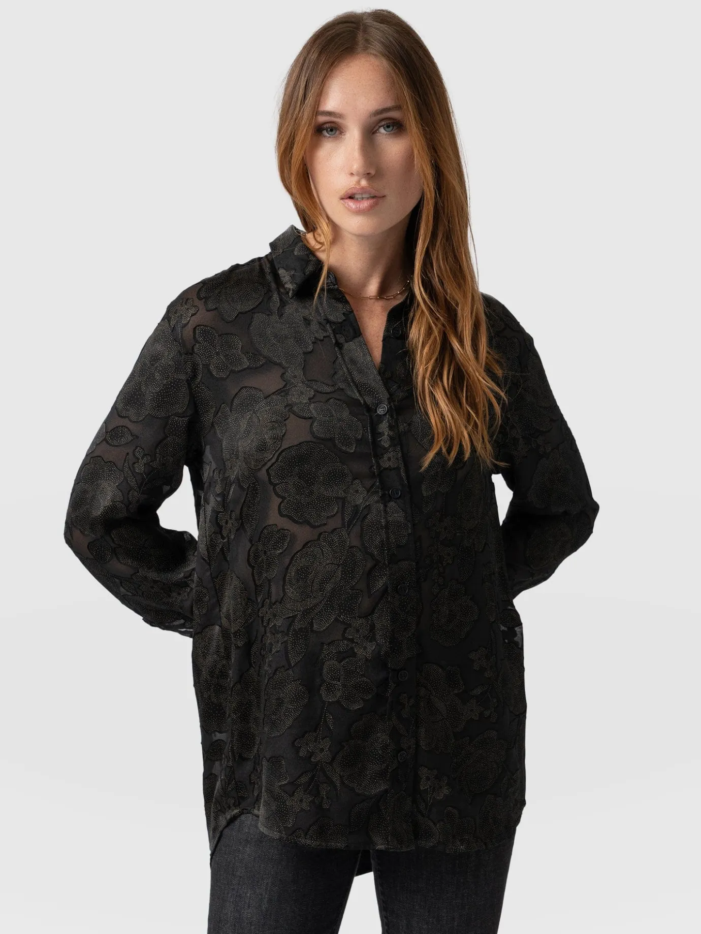 Blouses & Shirts|Saint and Sofia Boyfriend Shirt - Black & Gold Floral Burnout