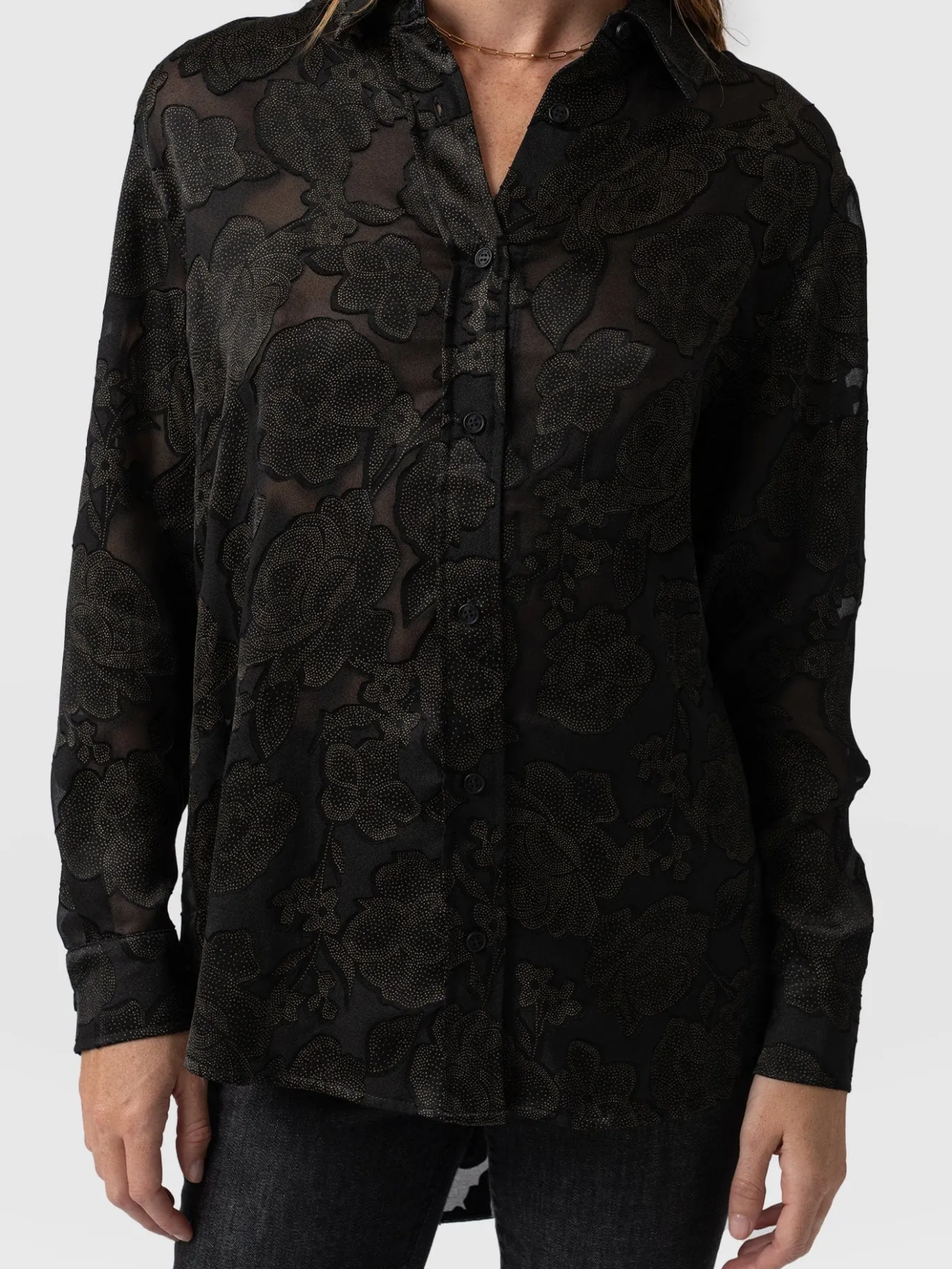 Blouses & Shirts|Saint and Sofia Boyfriend Shirt - Black & Gold Floral Burnout