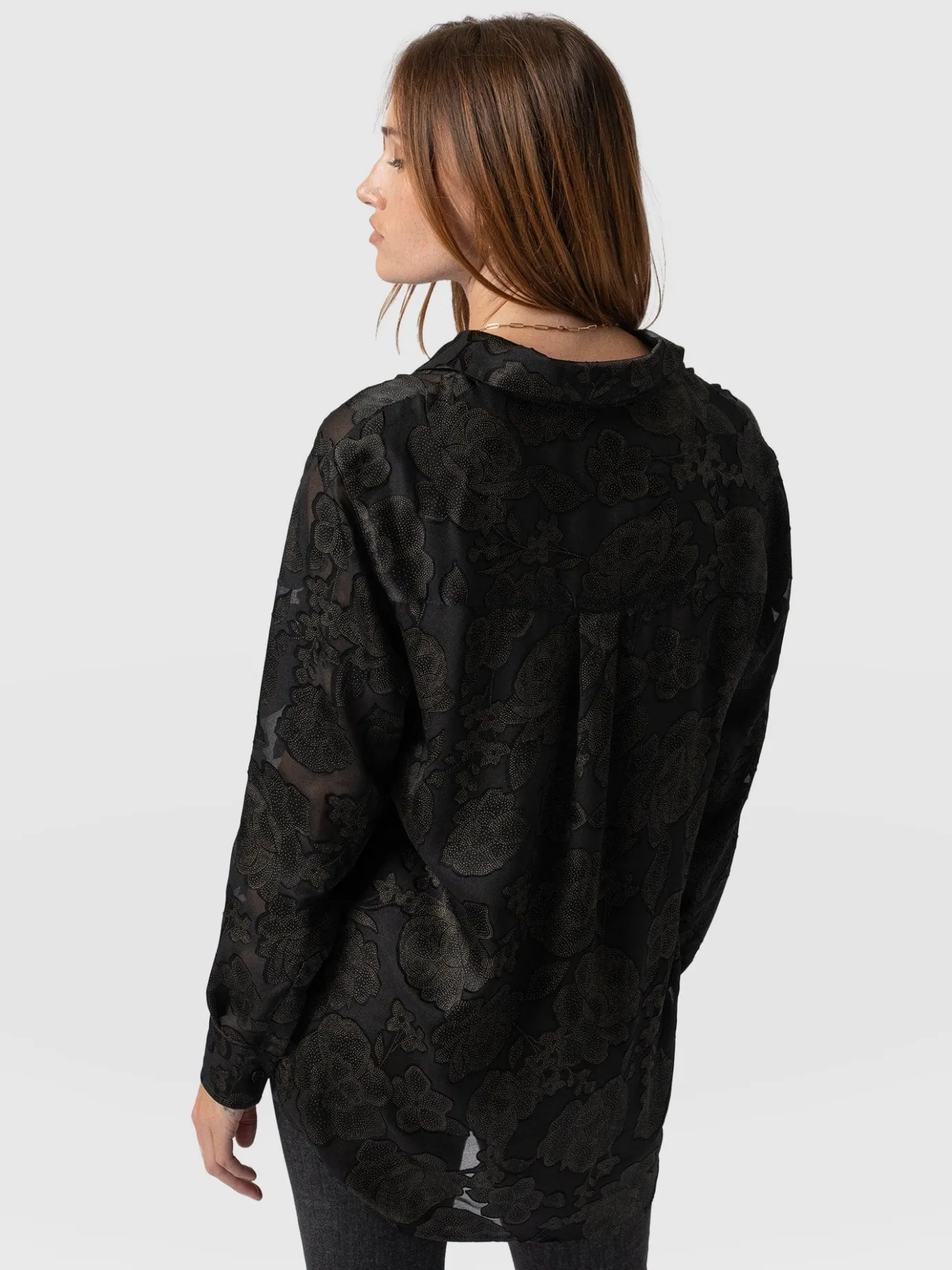 Blouses & Shirts|Saint and Sofia Boyfriend Shirt - Black & Gold Floral Burnout