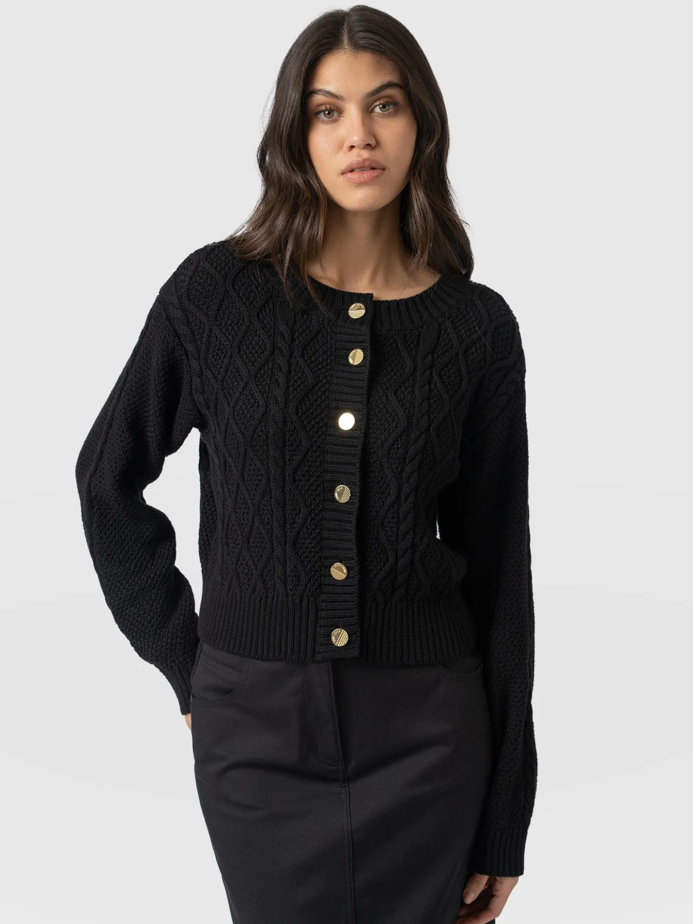 Knitwear|Sweaters|Saint and Sofia Bronte Cable Cardigan - Black