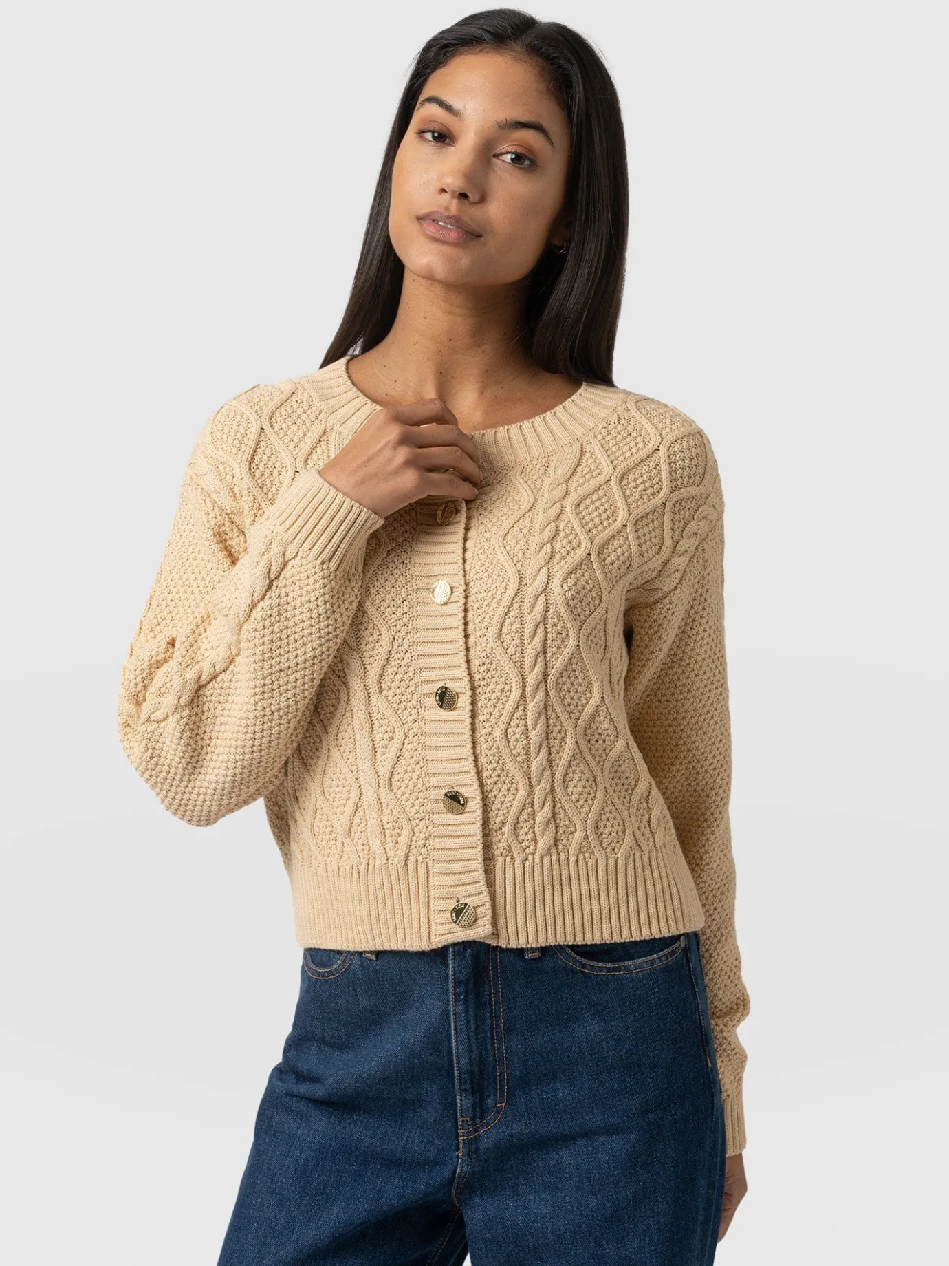 Knitwear|Sweaters|Saint and Sofia Bronte Cable Cardigan - Yellow