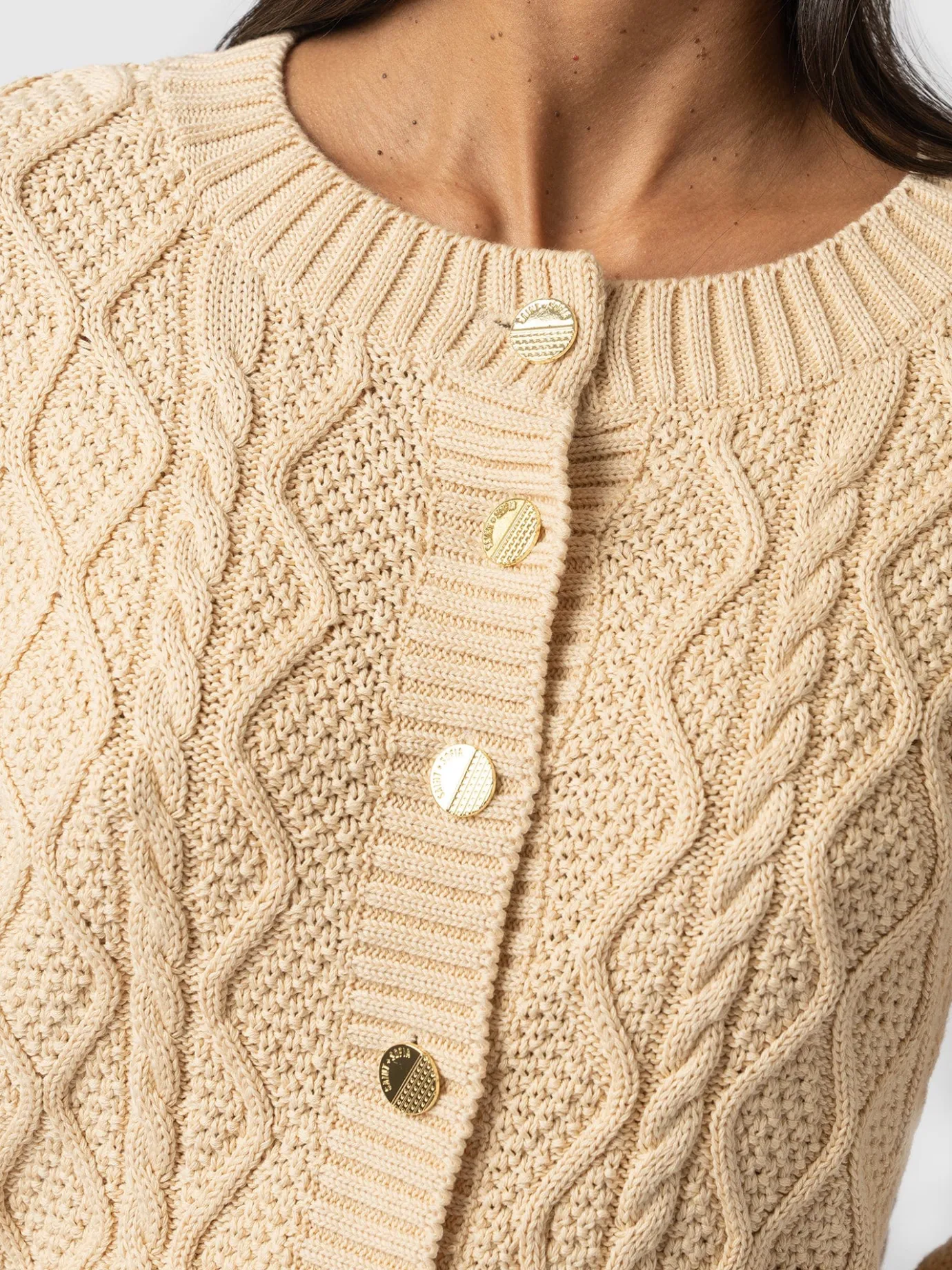 Knitwear|Sweaters|Saint and Sofia Bronte Cable Cardigan - Yellow