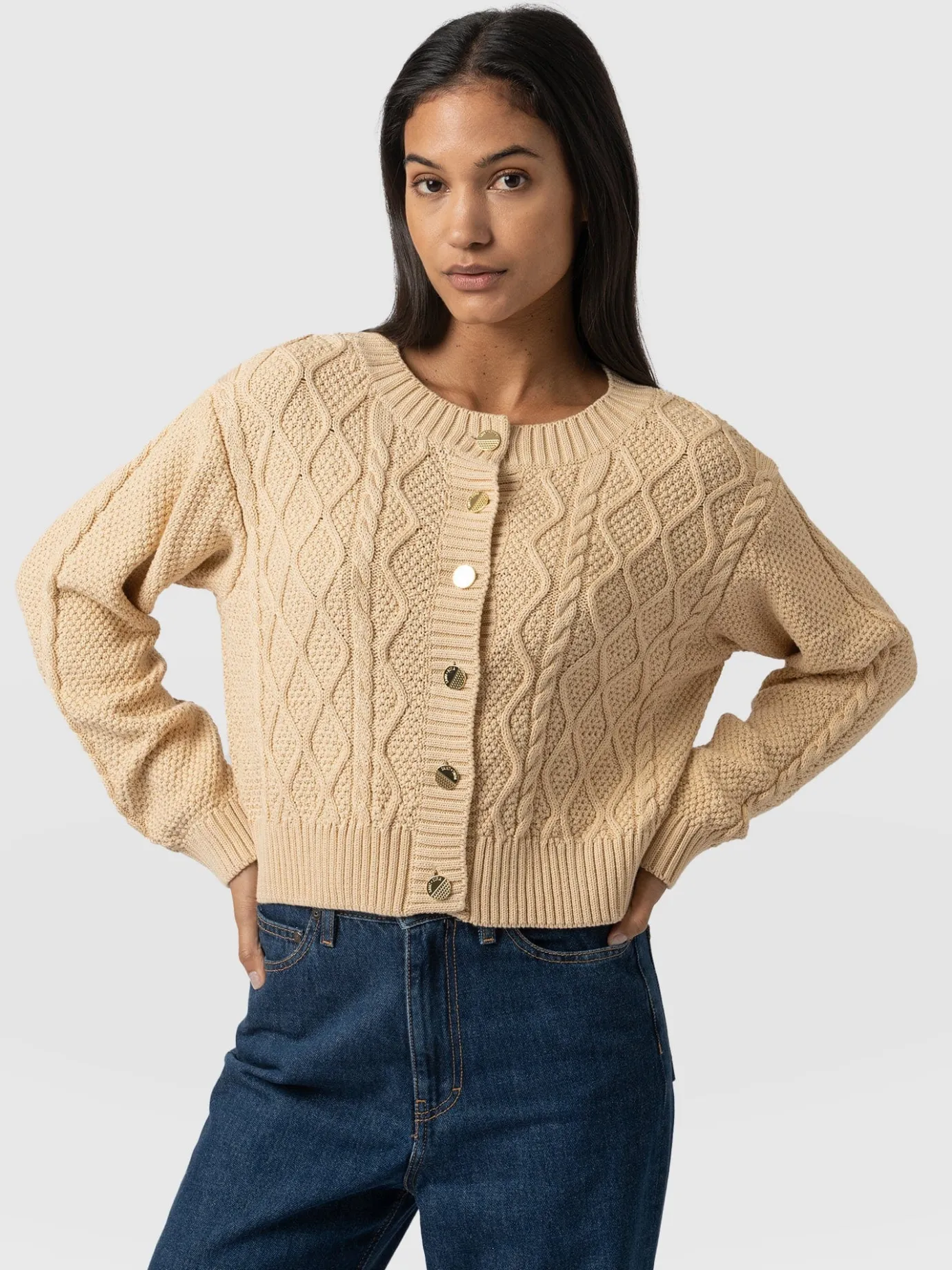 Knitwear|Sweaters|Saint and Sofia Bronte Cable Cardigan - Yellow