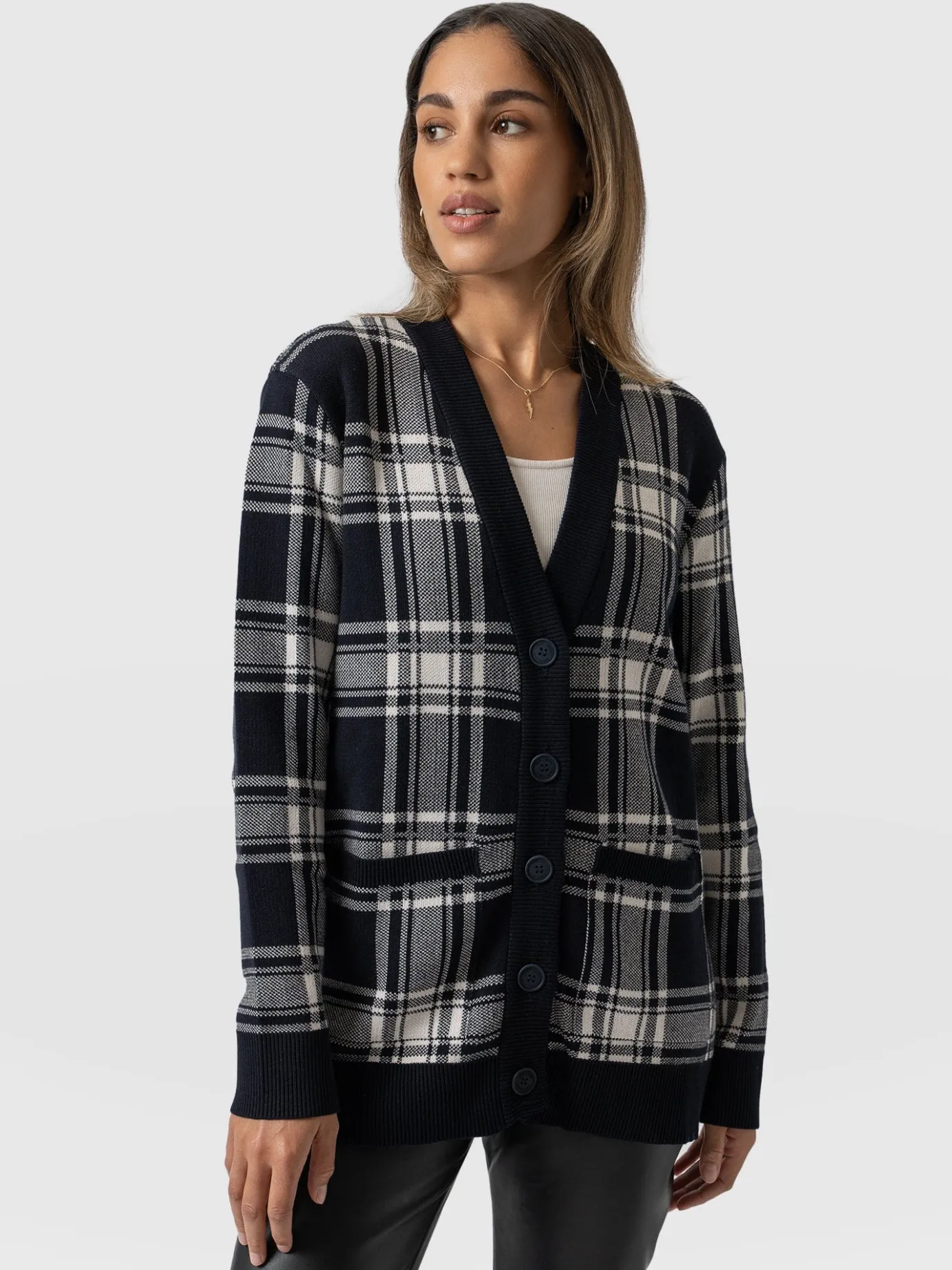 Knitwear|Saint and Sofia College Cardigan - Navy/ Cream Check