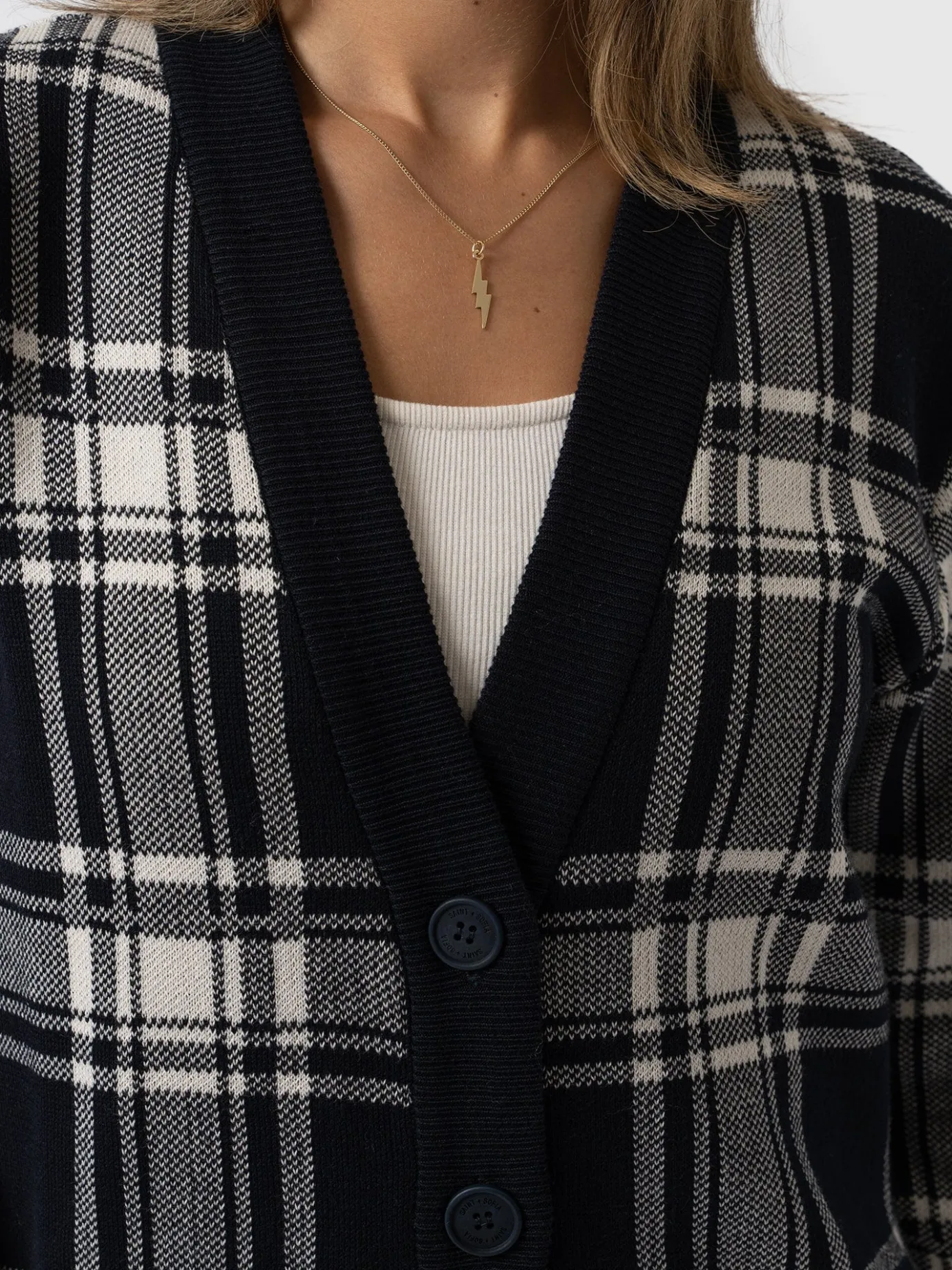 Knitwear|Saint and Sofia College Cardigan - Navy/ Cream Check