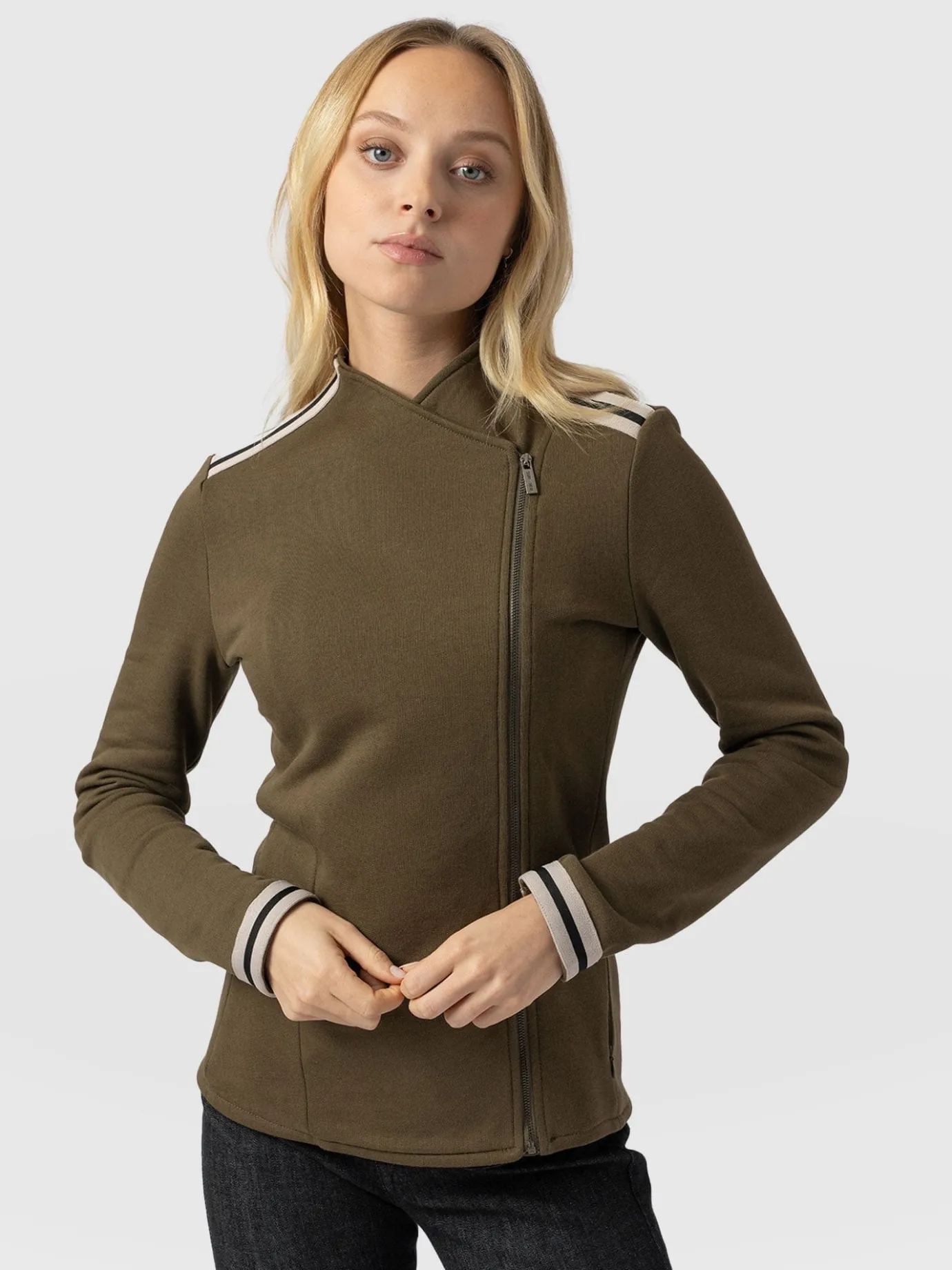 Coats & Jackets|Saint and Sofia Cotton Biker Jacket - Khaki - Cream Stripe