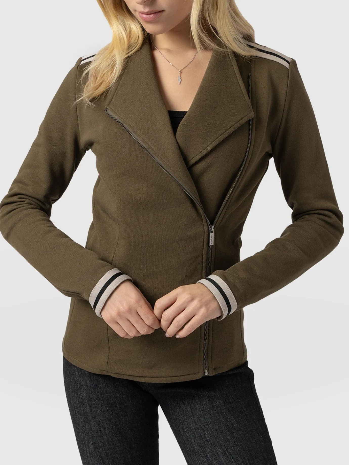 Coats & Jackets|Saint and Sofia Cotton Biker Jacket - Khaki - Cream Stripe