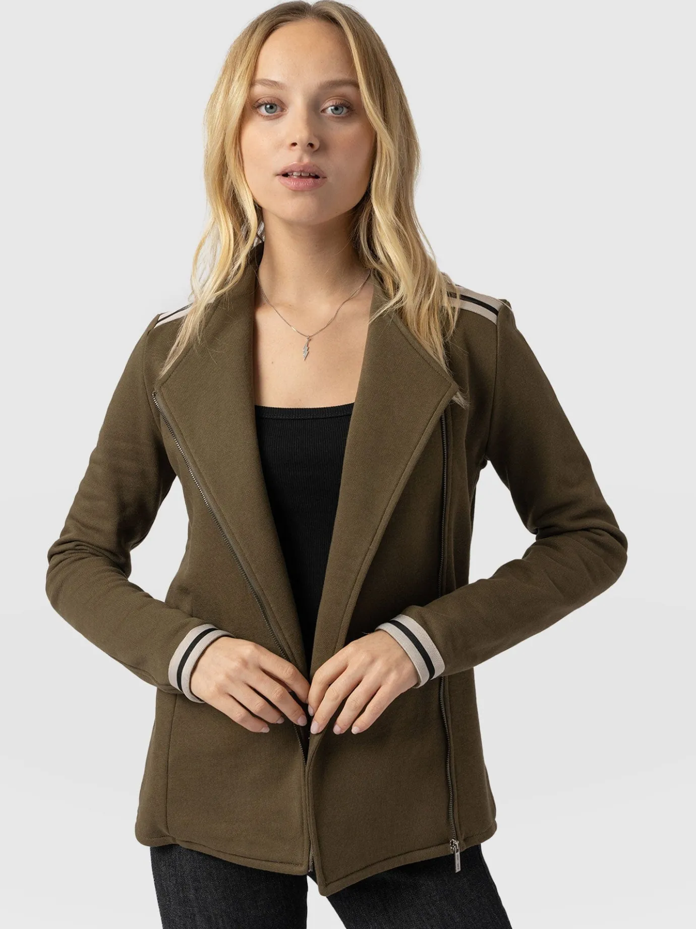 Coats & Jackets|Saint and Sofia Cotton Biker Jacket - Khaki - Cream Stripe