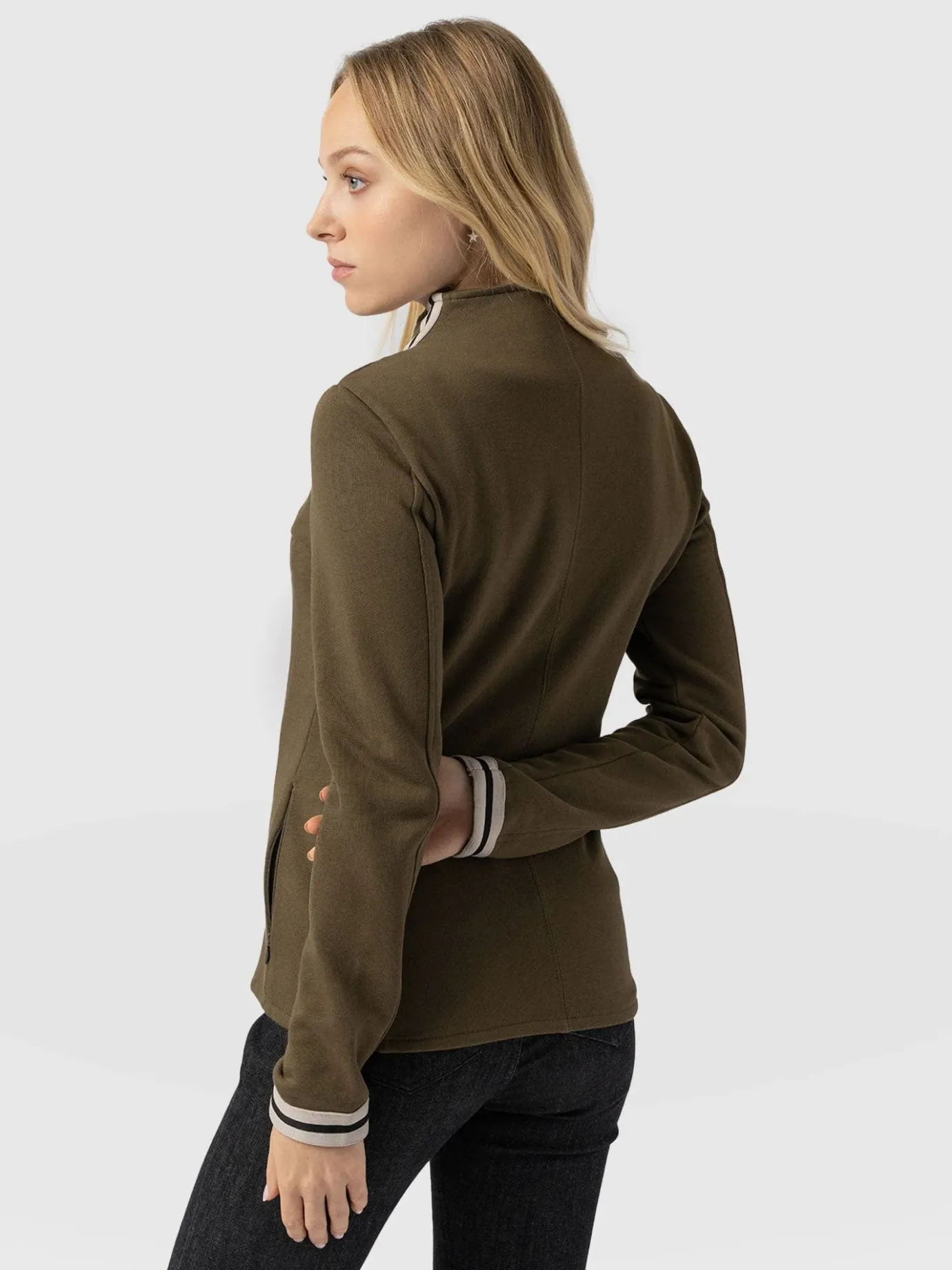 Coats & Jackets|Saint and Sofia Cotton Biker Jacket - Khaki - Cream Stripe