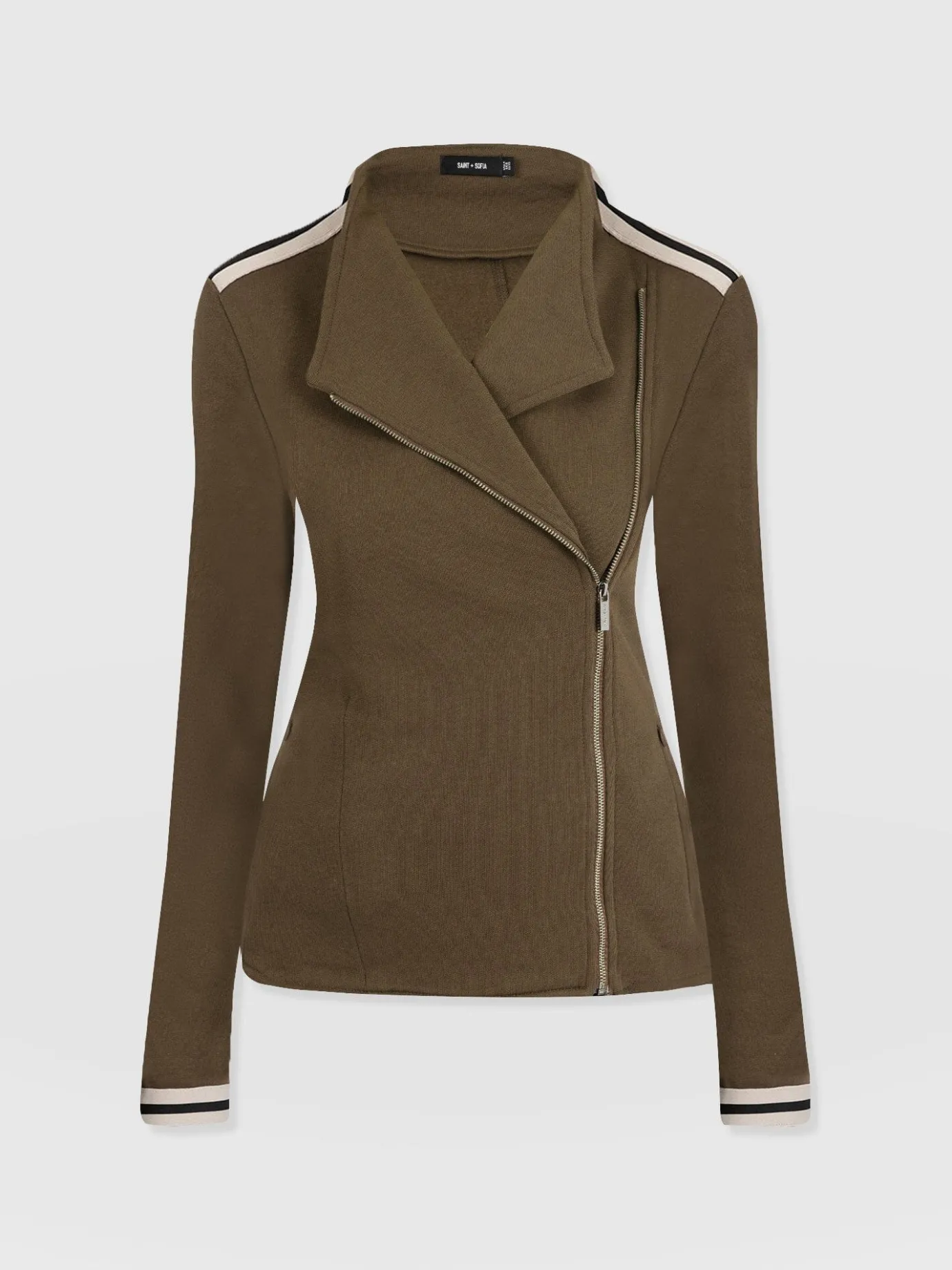 Coats & Jackets|Saint and Sofia Cotton Biker Jacket - Khaki - Cream Stripe