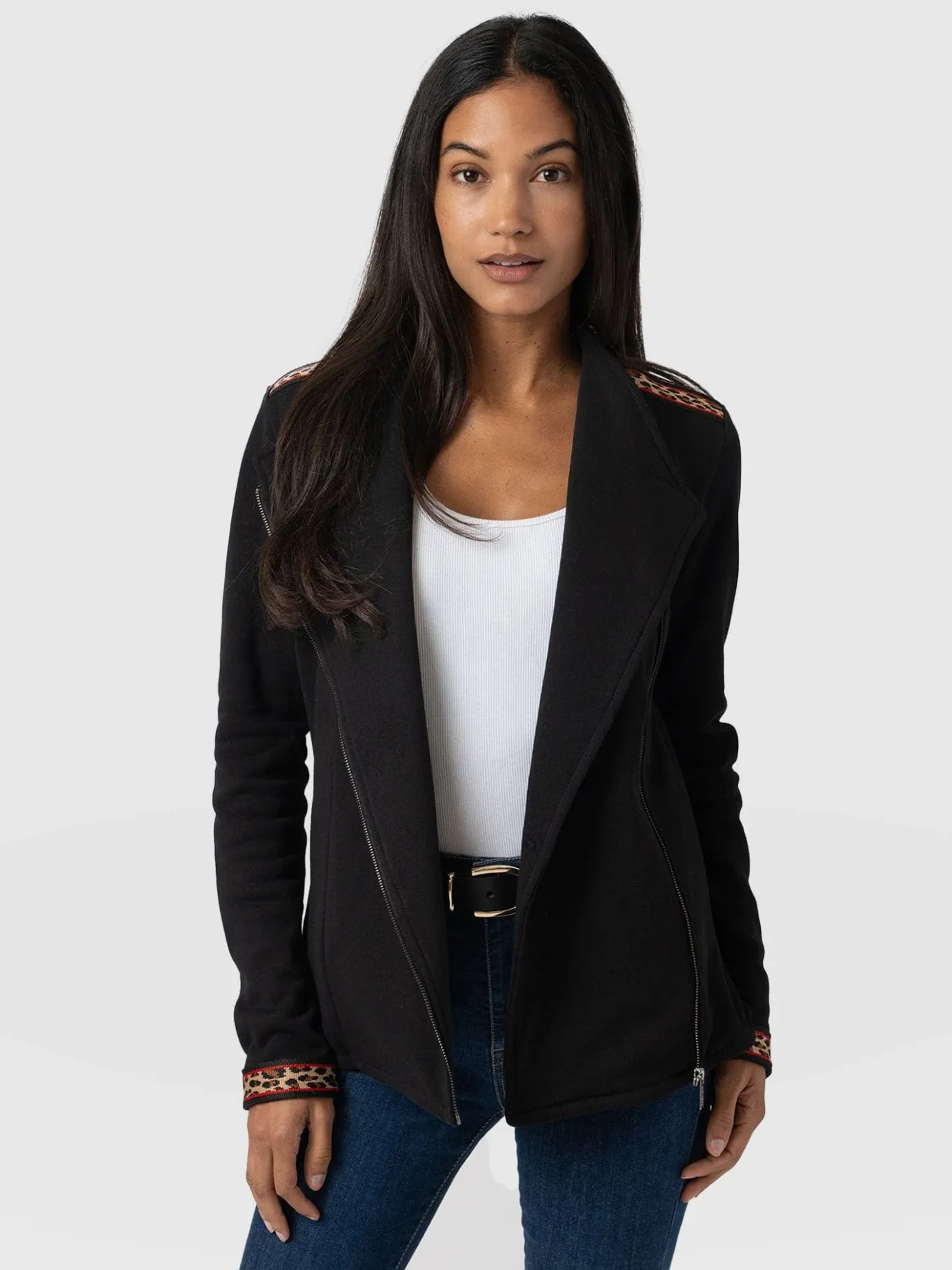 Coats & Jackets|Saint and Sofia Cotton Biker Jacket - Leopard Trim