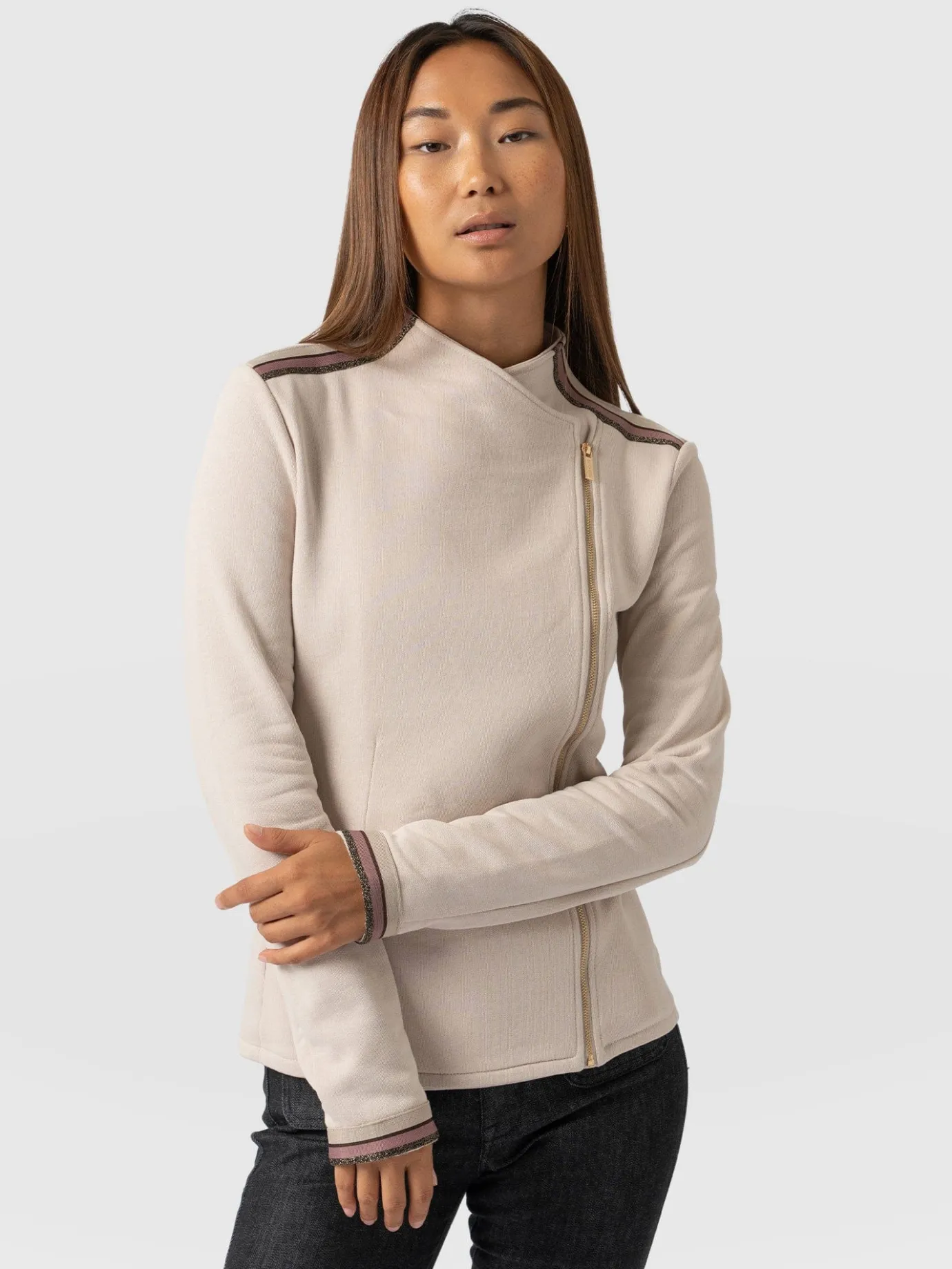 Coats & Jackets|Saint and Sofia Cotton Biker Jacket - Light Beige - Gold Lurex Stripe