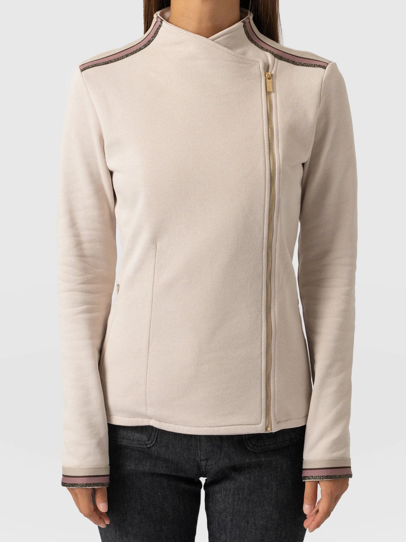 Coats & Jackets|Saint and Sofia Cotton Biker Jacket - Light Beige - Gold Lurex Stripe