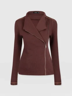 Coats & Jackets|Saint and Sofia Cotton Biker Jacket - Maroon - Bronze Stripe