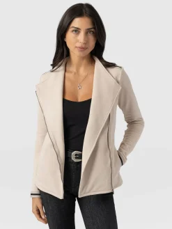Coats & Jackets|Saint and Sofia Cotton Biker Jacket-Light Beige-Black/Cream Stripe