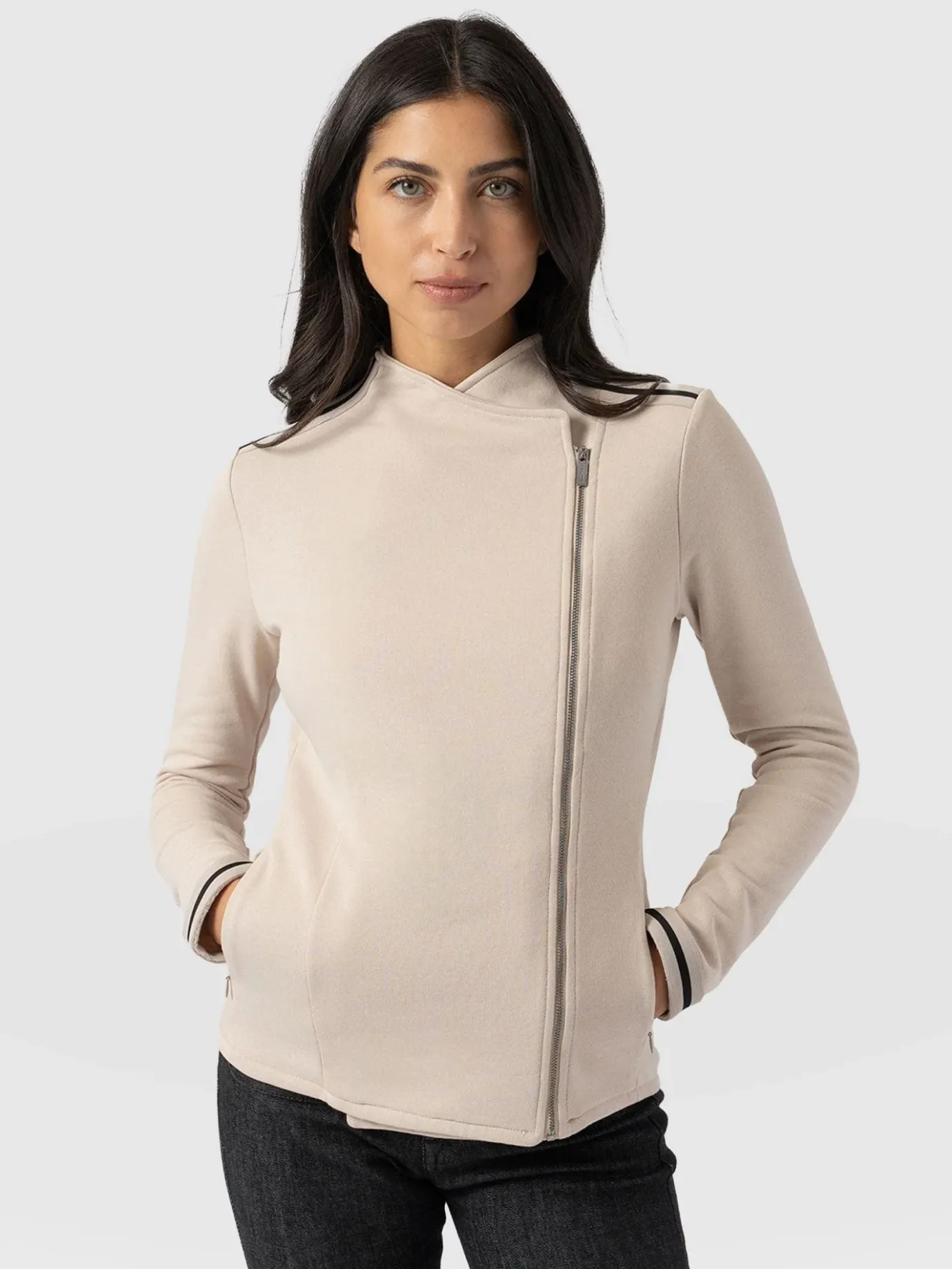 Coats & Jackets|Saint and Sofia Cotton Biker Jacket-Light Beige-Black/Cream Stripe