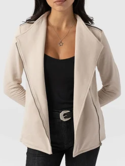 Coats & Jackets|Saint and Sofia Cotton Biker Jacket-Light Beige-Black/Cream Stripe