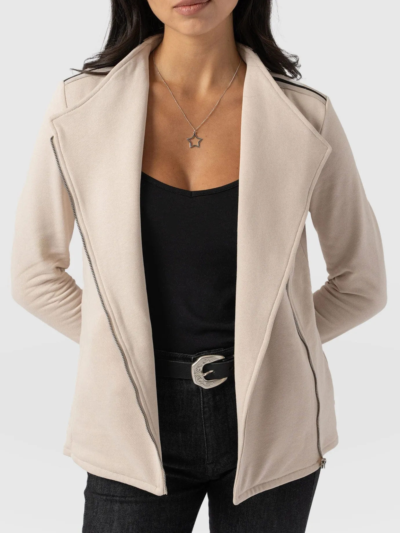 Coats & Jackets|Saint and Sofia Cotton Biker Jacket-Light Beige-Black/Cream Stripe