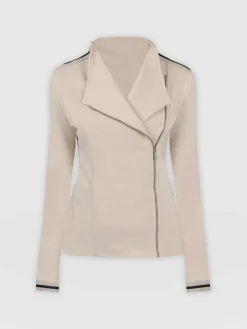 Coats & Jackets|Saint and Sofia Cotton Biker Jacket-Light Beige-Black/Cream Stripe