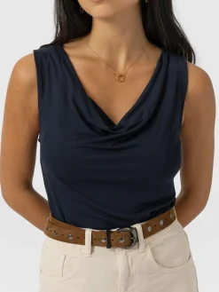 T-shirts & Tanks|Saint and Sofia Cowl Neck Cami - Navy