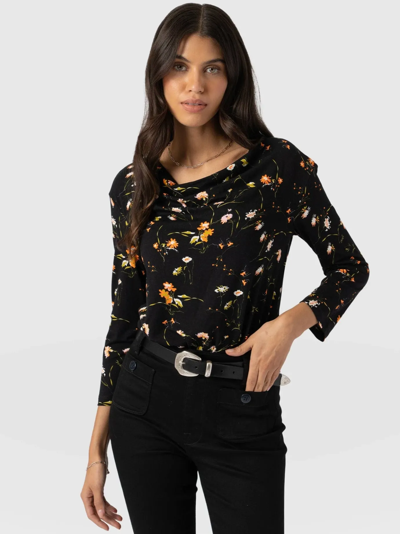 T-shirts & Tanks|Saint and Sofia Cowl Neck Tee Long Sleeve - Black Floral