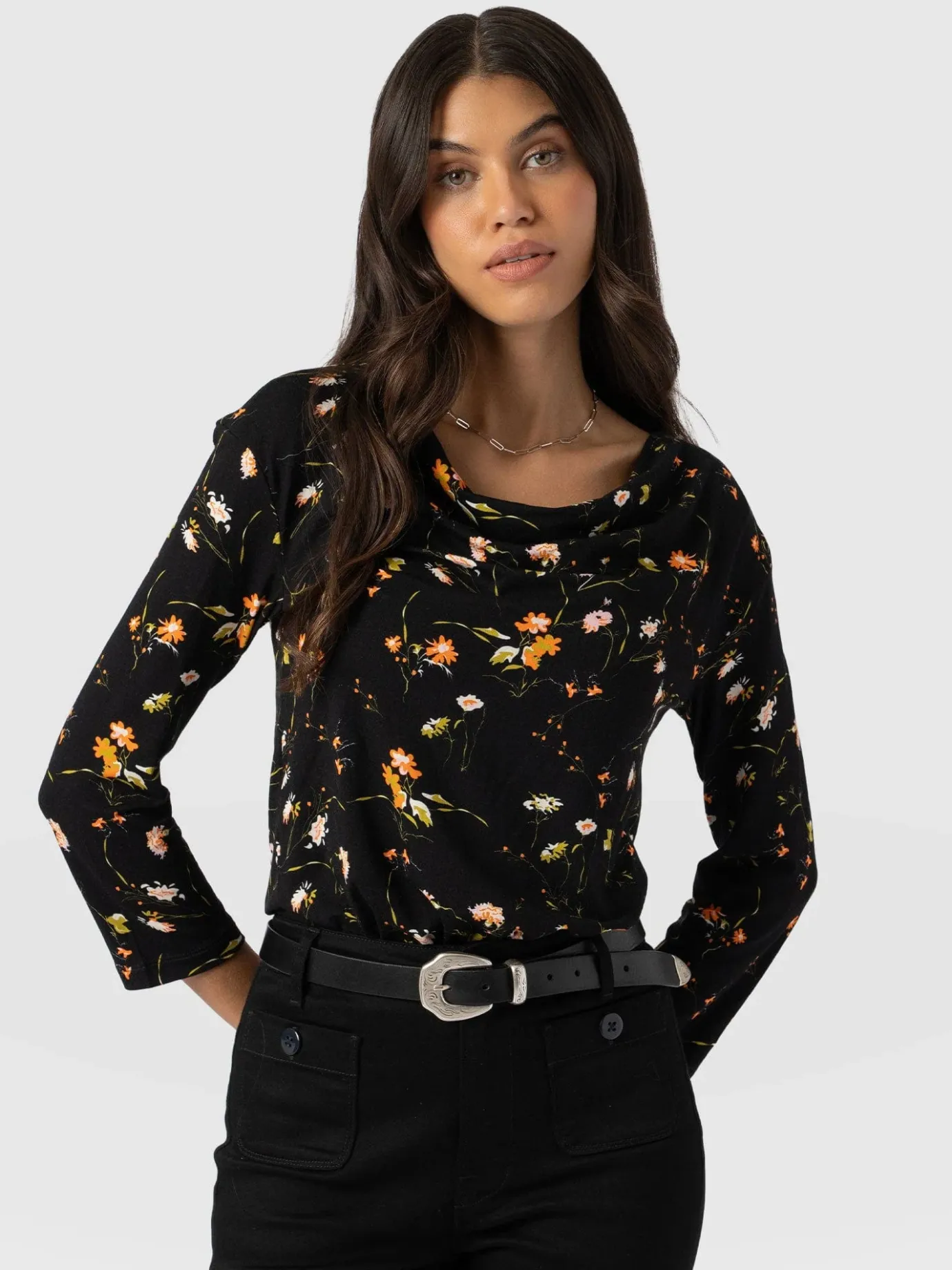 T-shirts & Tanks|Saint and Sofia Cowl Neck Tee Long Sleeve - Black Floral