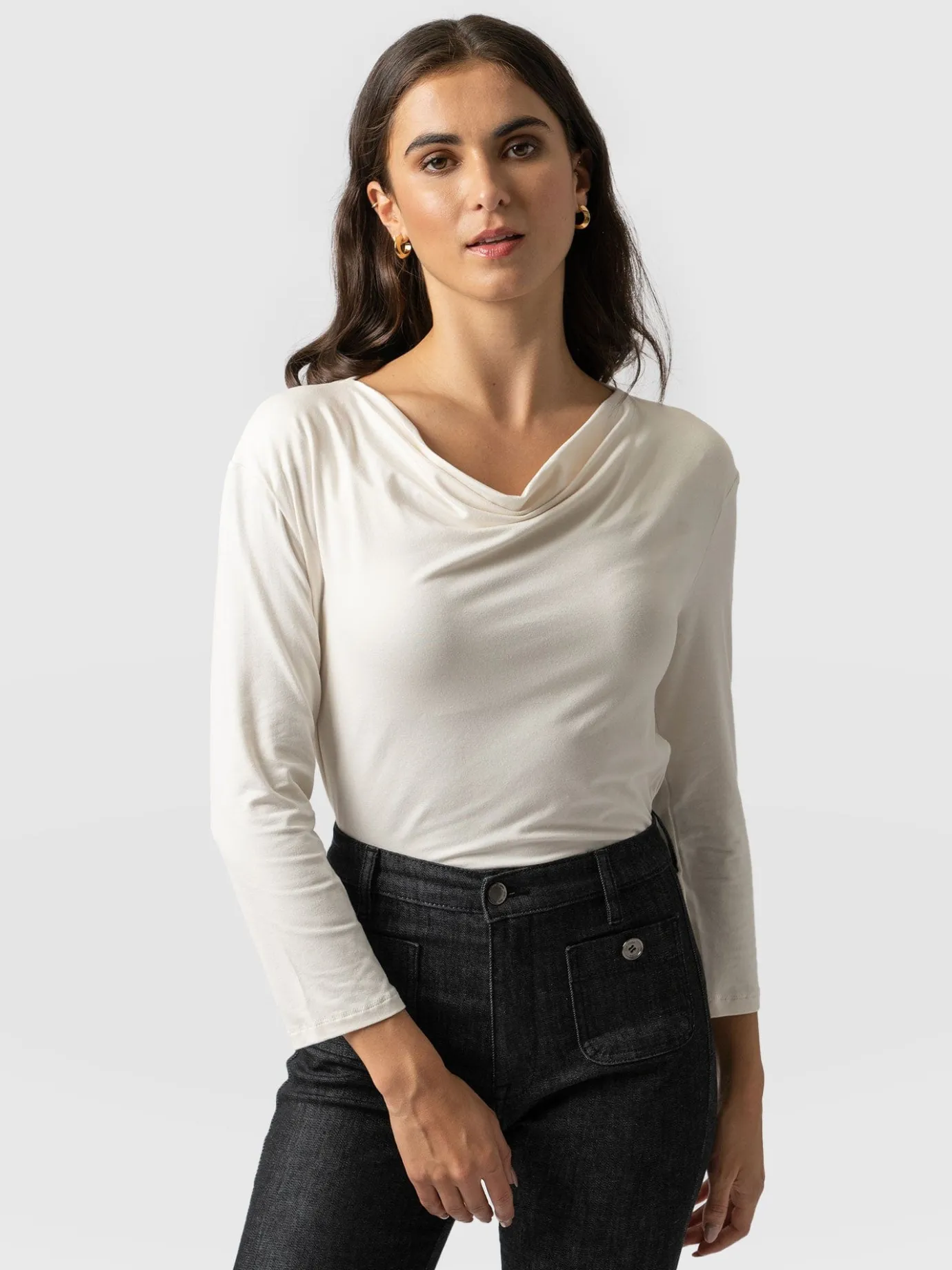 T-shirts & Tanks|Saint and Sofia Cowl Neck Tee Long Sleeve - Cream