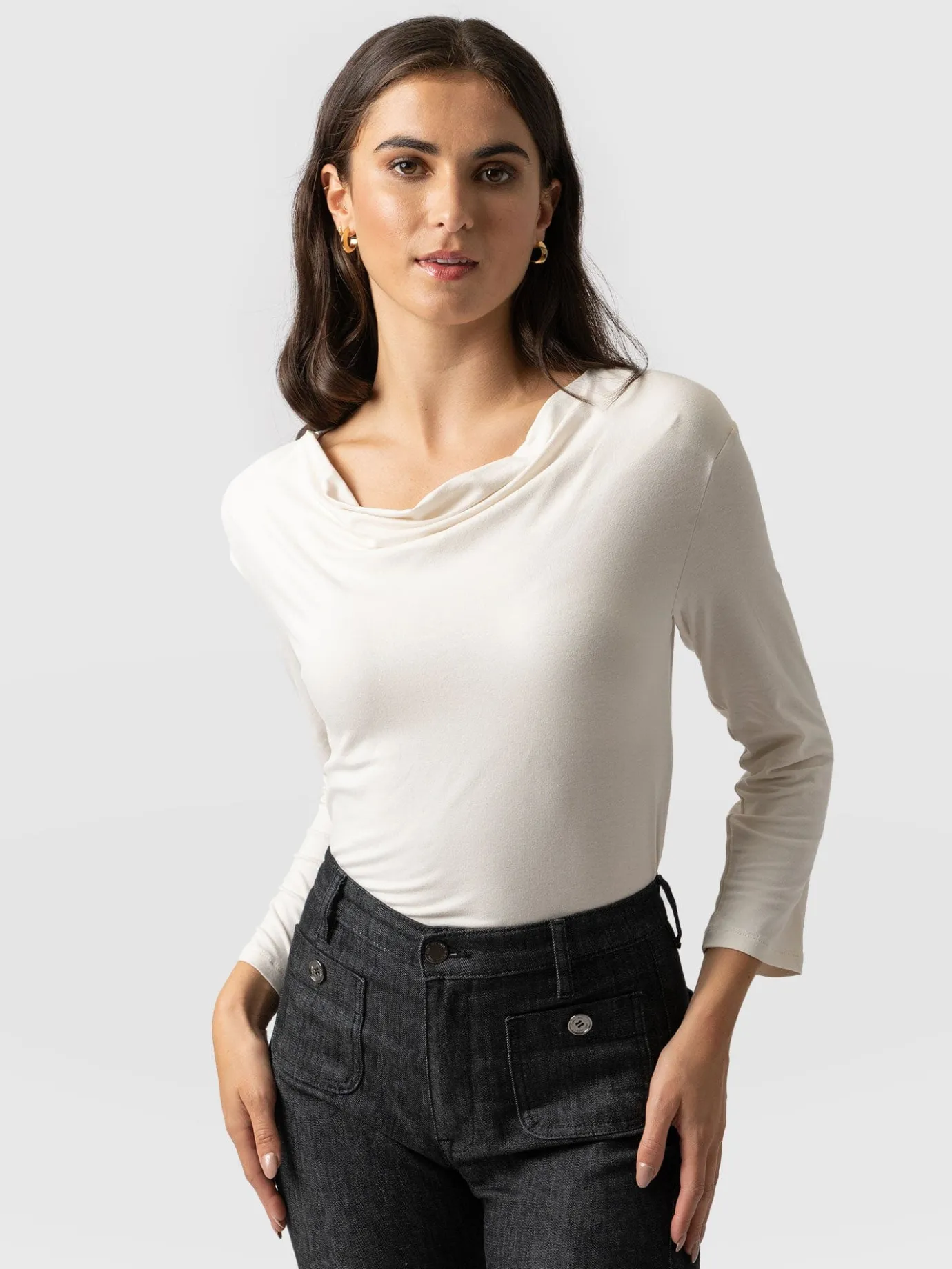 T-shirts & Tanks|Saint and Sofia Cowl Neck Tee Long Sleeve - Cream