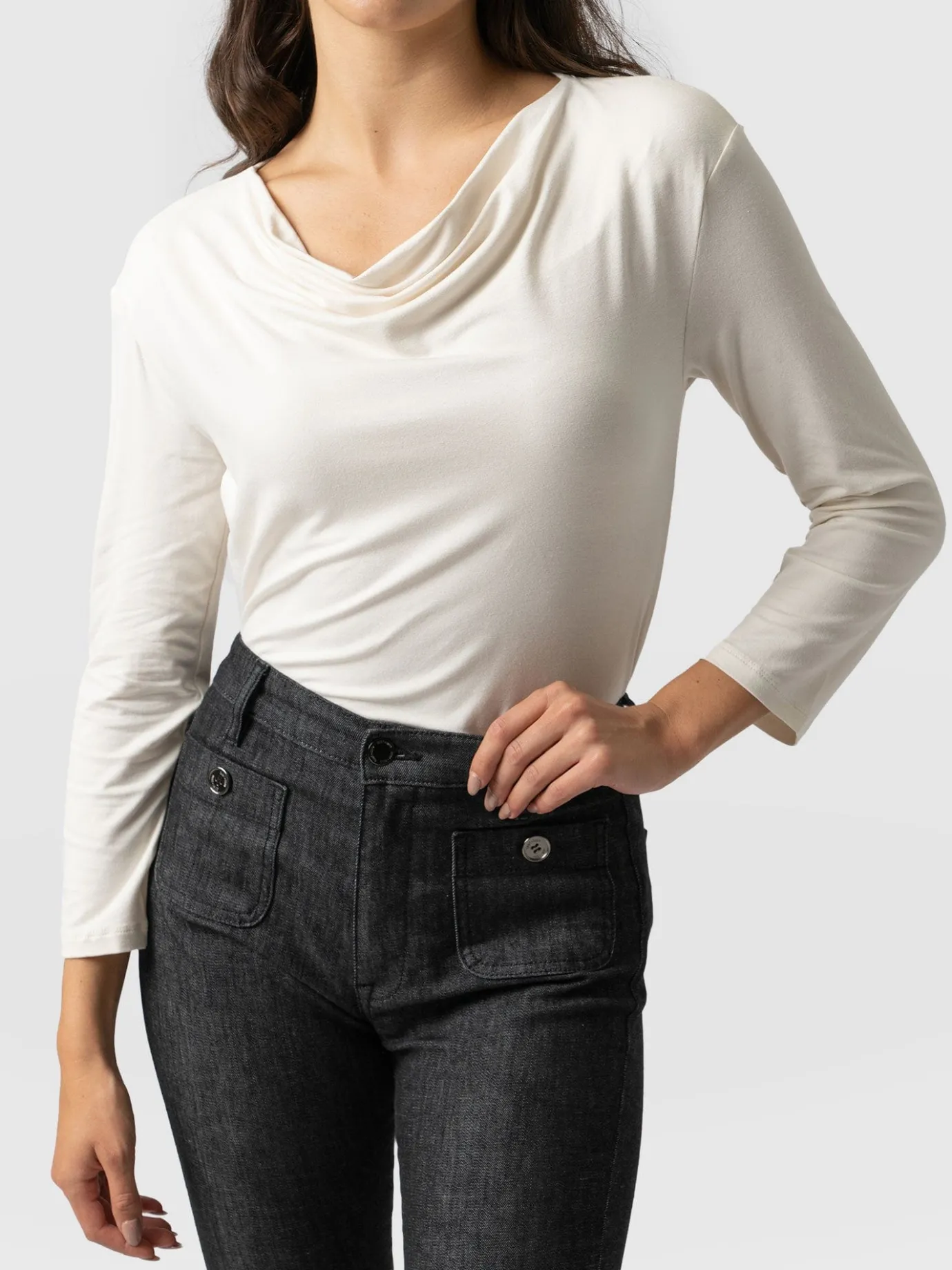 T-shirts & Tanks|Saint and Sofia Cowl Neck Tee Long Sleeve - Cream