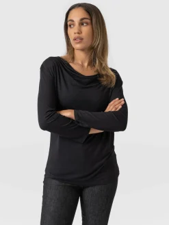 T-shirts & Tanks|Saint and Sofia Cowl Neck Tee Long Sleeve - Black