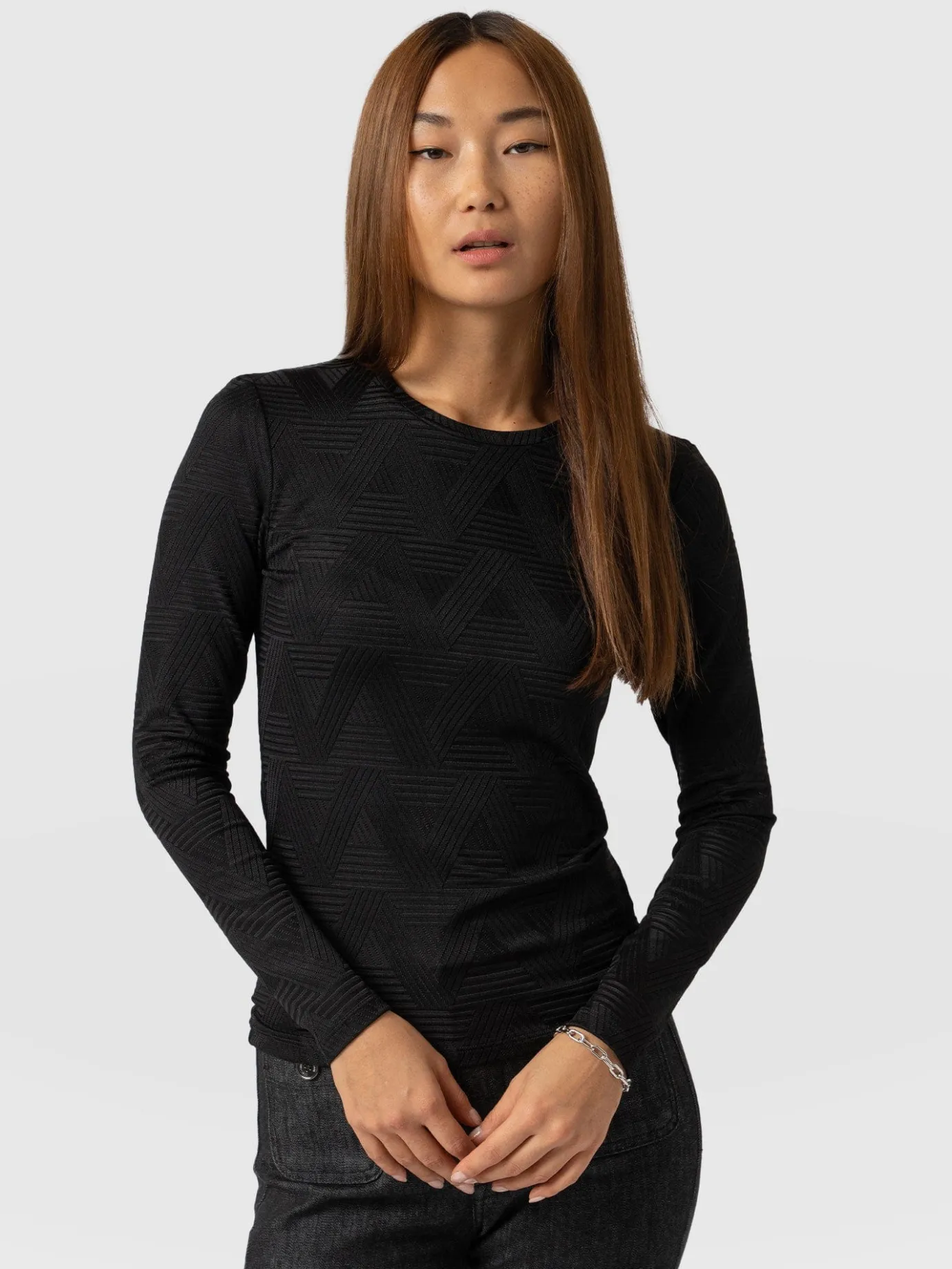 T-shirts & Tanks|Saint and Sofia Darcey Long Sleeve Tee - Black Jacquard