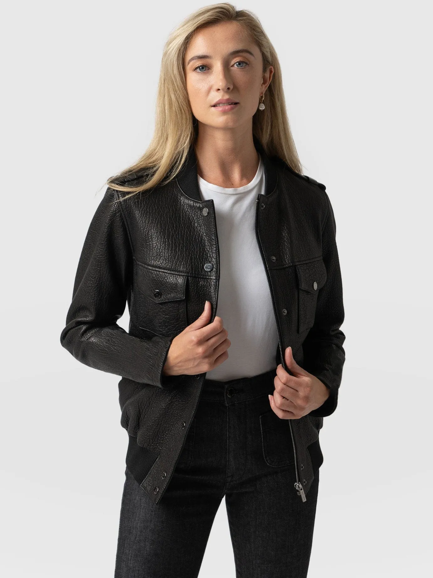 Coats & Jackets|Leather|Saint and Sofia Delphi Leather Bomber Jacket - Black