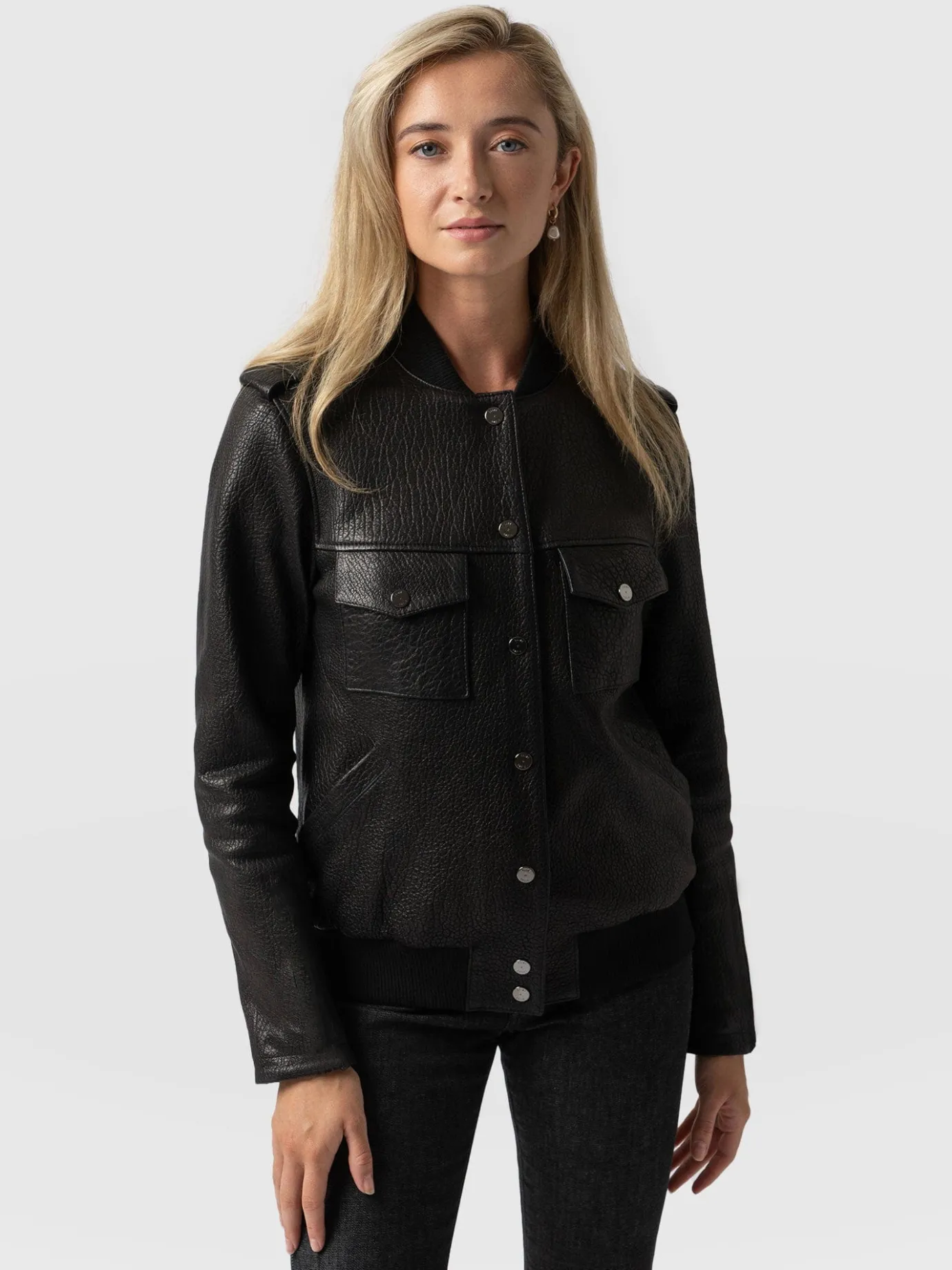 Coats & Jackets|Leather|Saint and Sofia Delphi Leather Bomber Jacket - Black
