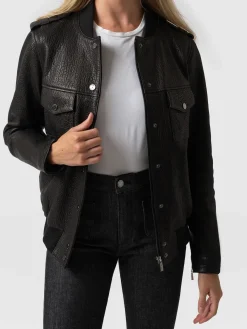 Coats & Jackets|Leather|Saint and Sofia Delphi Leather Bomber Jacket - Black