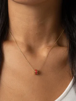 Gold Jewelry|Jewelry|Saint and Sofia Enamel Stripe Charm Necklace - Gold/Red