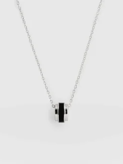 Silver Jewelry|Jewelry|Saint and Sofia Enamel Stripe Charm Necklace - Silver/Black